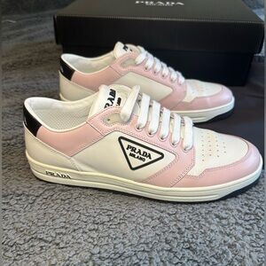Pre-loved! Prada light pink and white leather sneakers, size EU40/US10